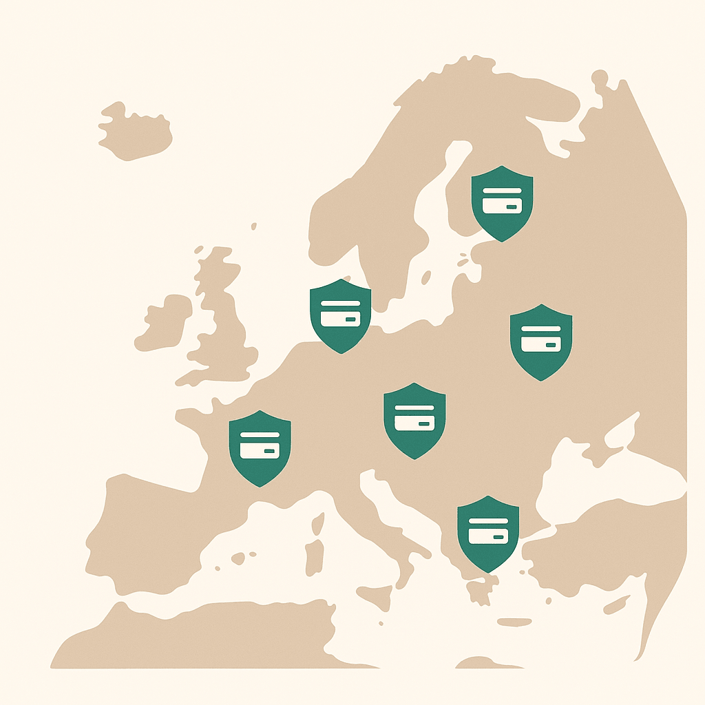 Map of Europe with privacy shield icons representing crypto card availability zones