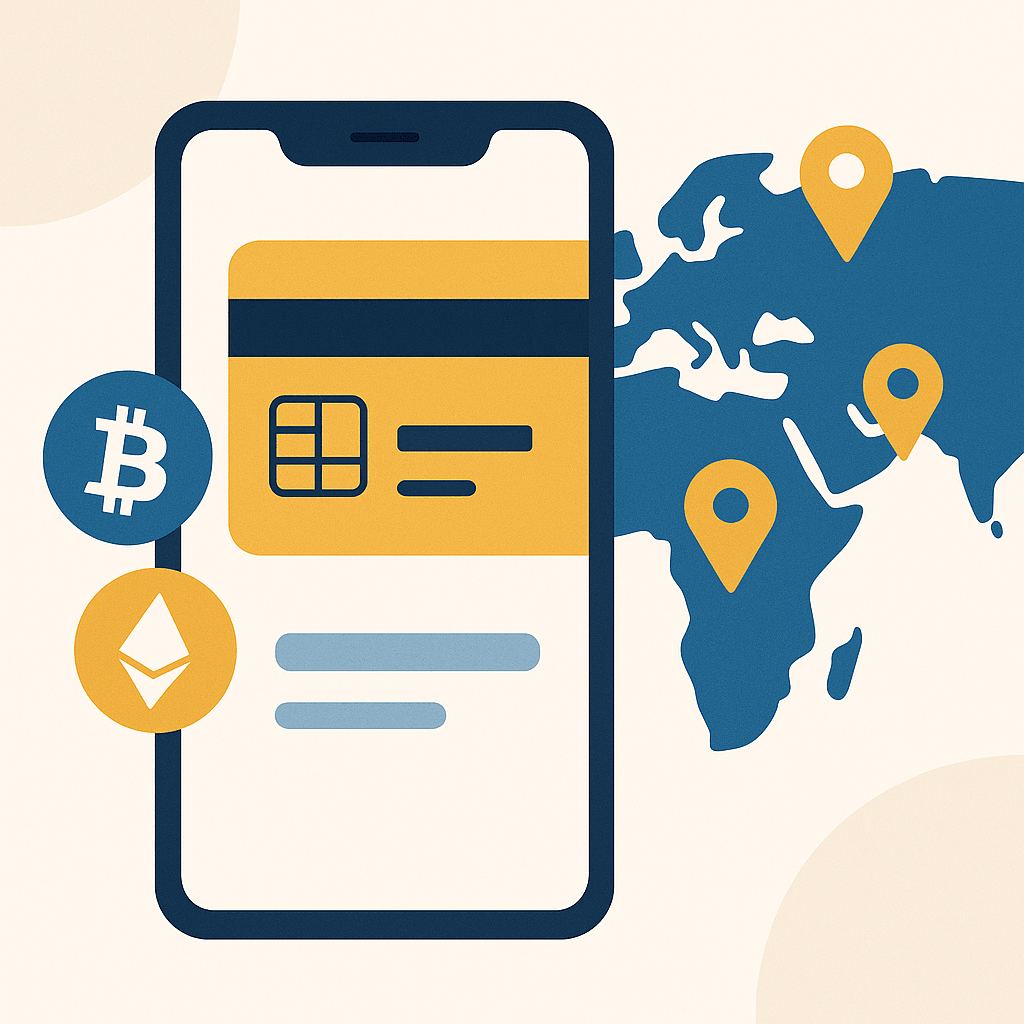 Virtual card on smartphone with crypto wallet icons and global merchant map