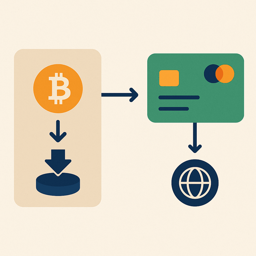 Flowchart showing crypto deposit converting to card balance for international spending