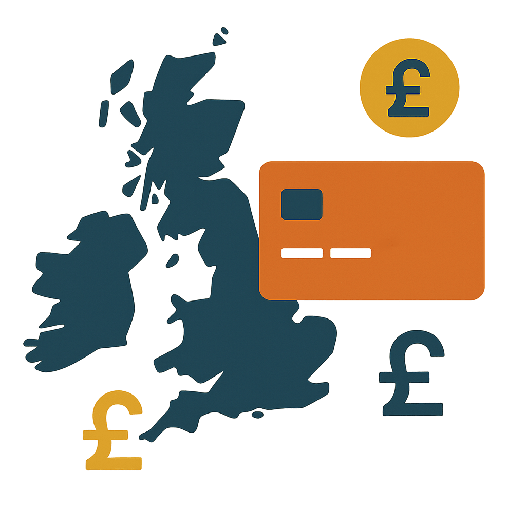 UK map with payment card overlay and currency symbols