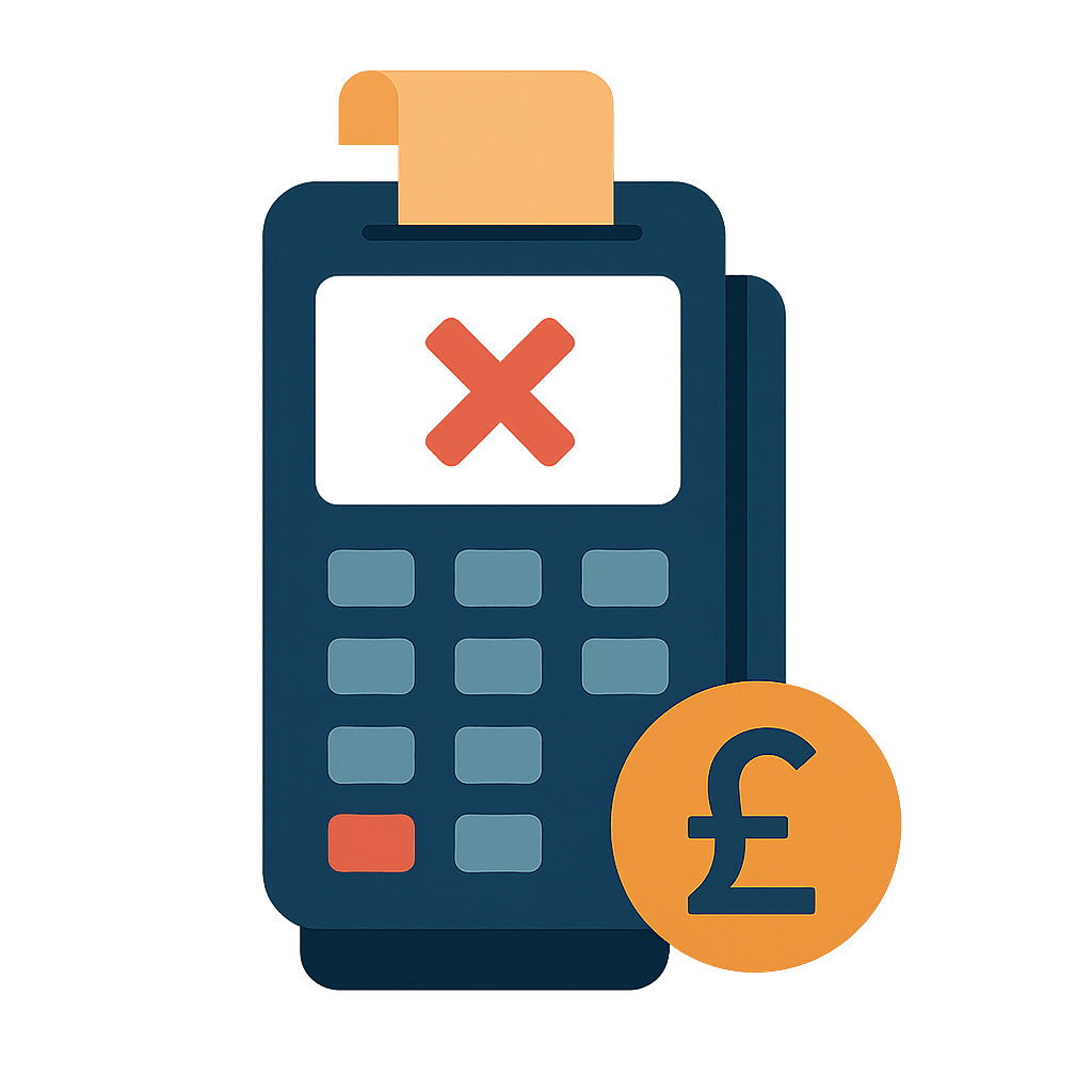 Merchant terminal with declined transaction and GBP pound sign