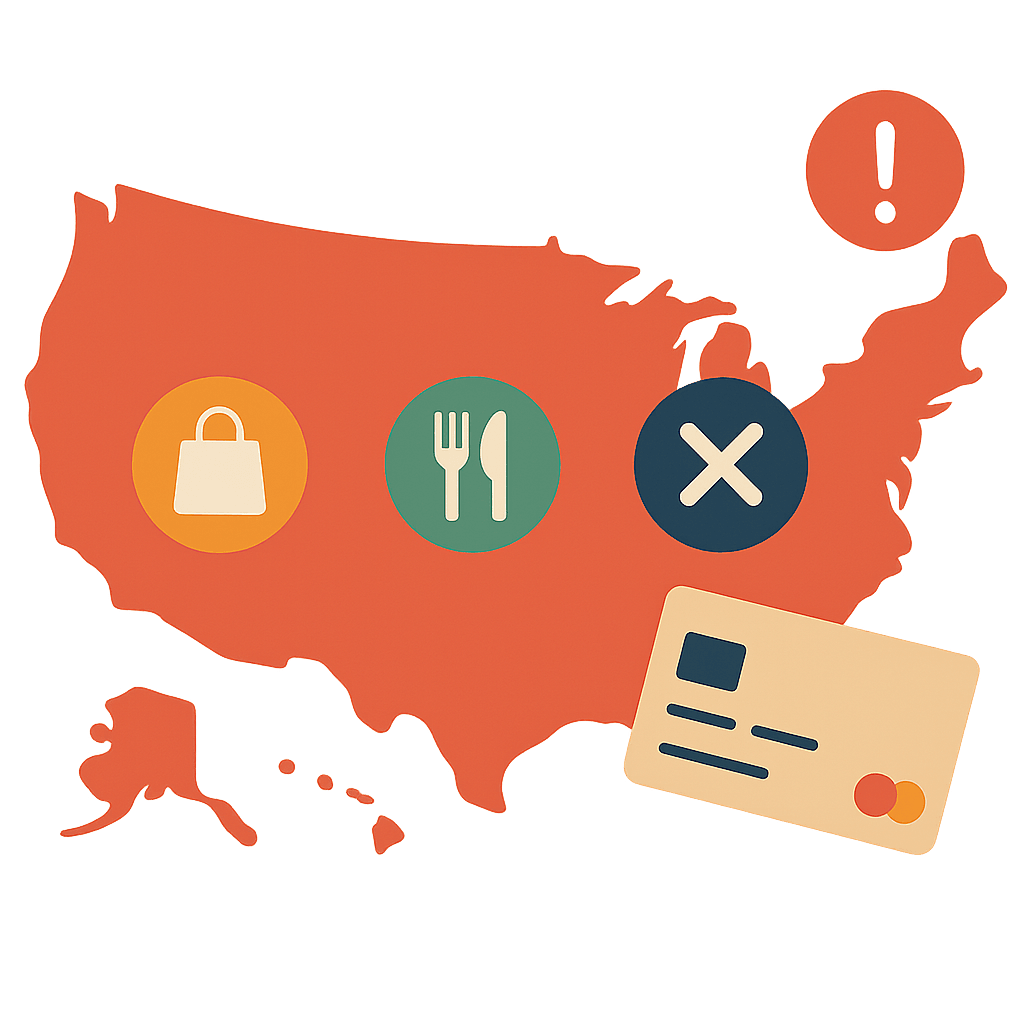 US map highlighting merchant acceptance categories and common decline scenarios
