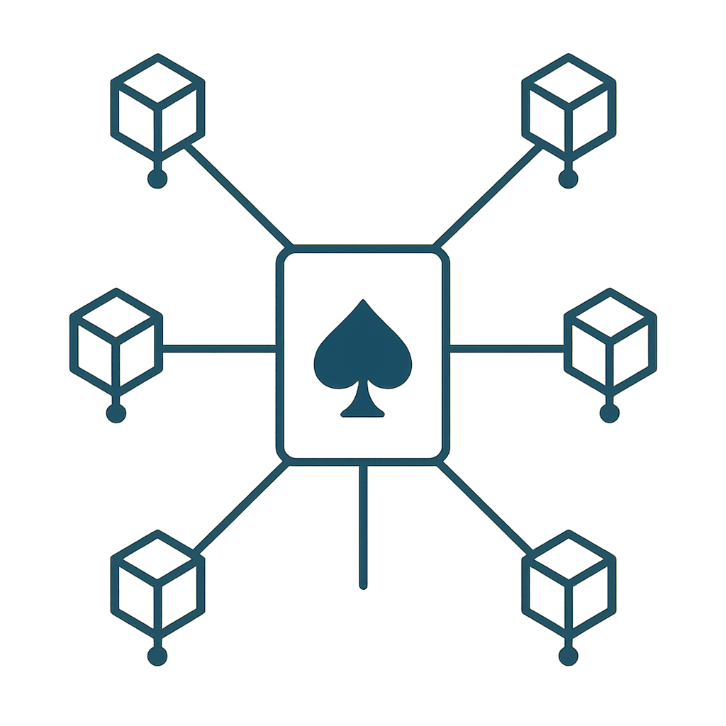 Network diagram connecting multiple blockchain icons to a single card symbol