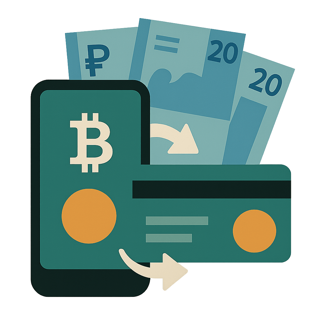 Smartphone showing crypto wallet converting to card balance with Mexican peso bills in background