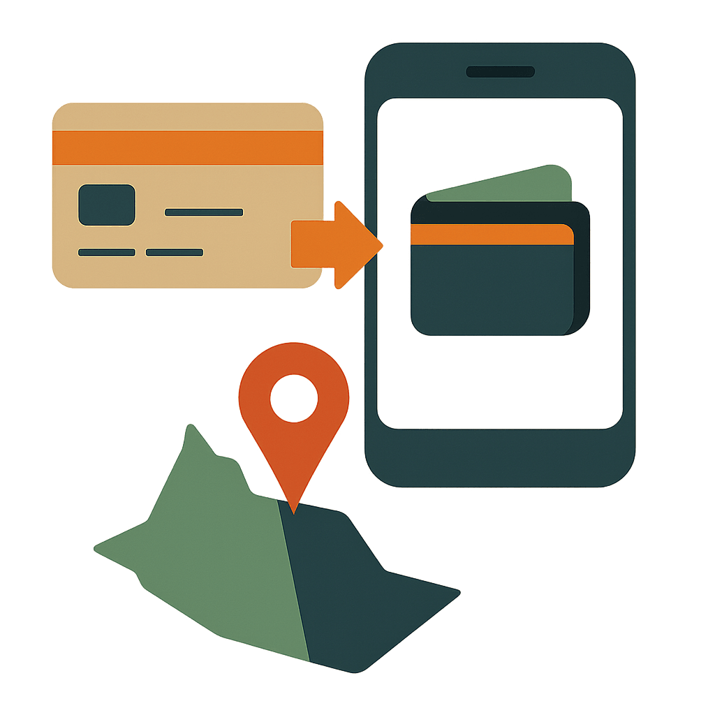 Virtual card being added to mobile wallet with map pin over Mexico City
