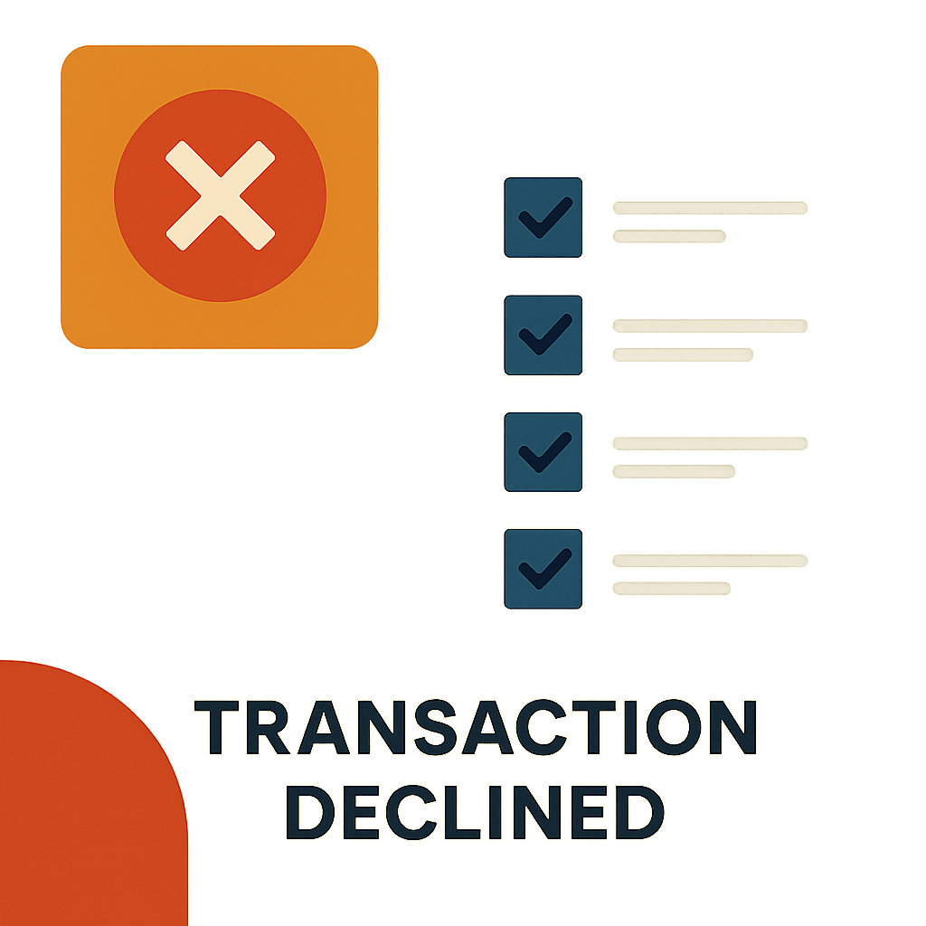 Transaction declined error screen with diagnostic checklist overlay