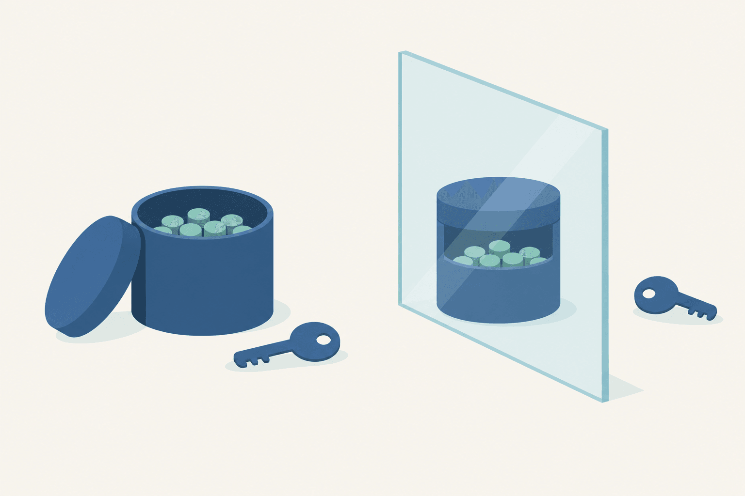 Two token containers, one with a nearby key and one behind a barrier with its key beyond reach.