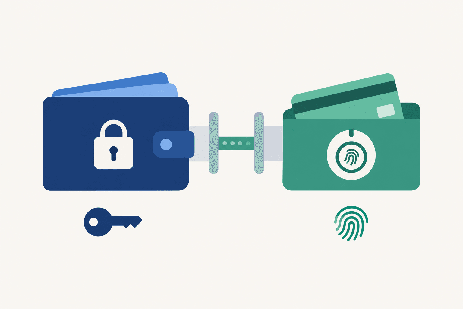 A keyed wallet connects through a permission gate to a separately controlled card compartment.