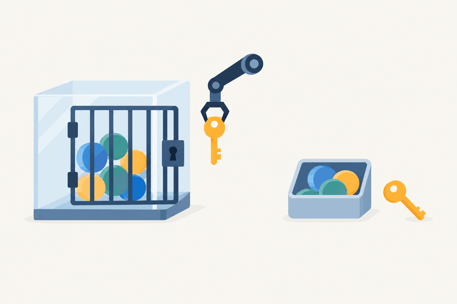 A vault with an externally controlled key contrasts with a token container whose key sits beside it.
