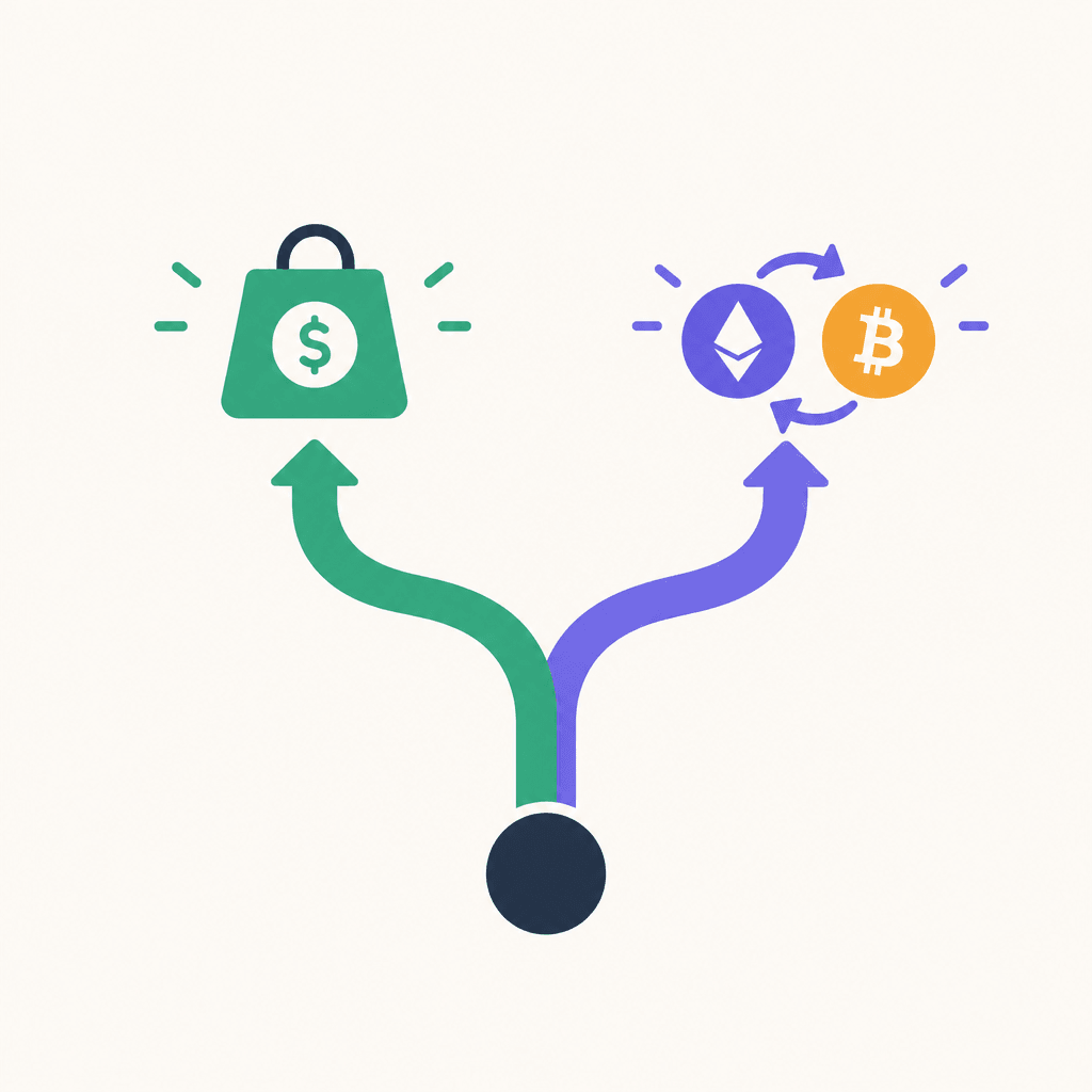 Split paths showing a dollar-funded first purchase versus a crypto-funded swap