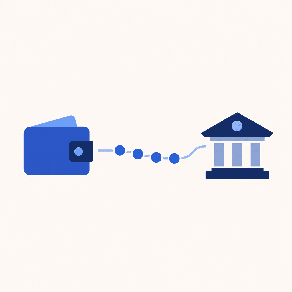 Self-custody wallet and covered institution connected by a transfer trail
