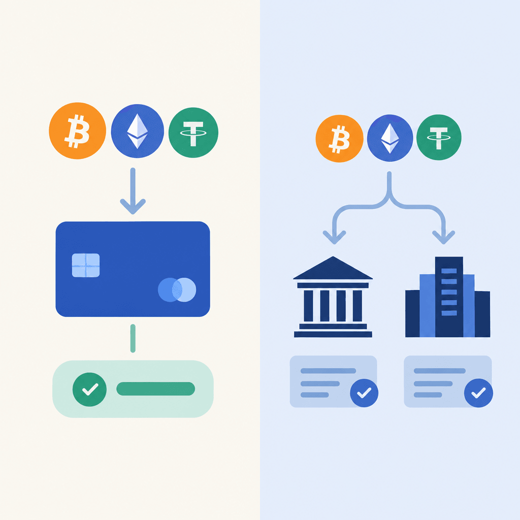 Crypto loading into prepaid balance versus institutional settlement