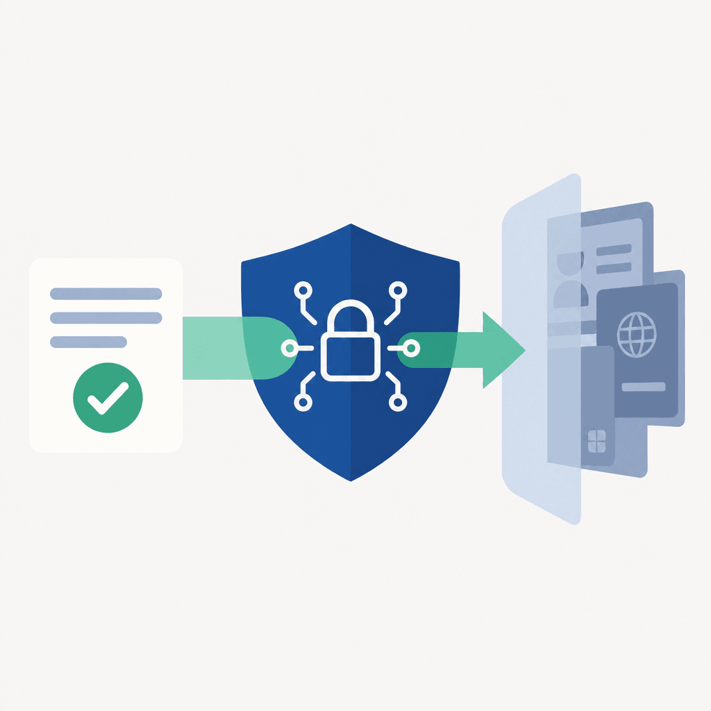 A verified claim passing through a cryptographic shield while identity documents remain concealed