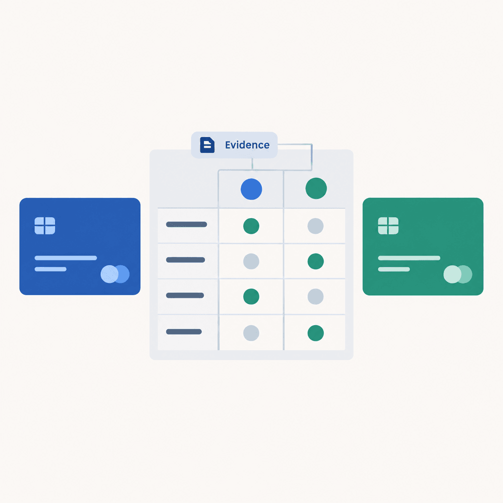 Two virtual cards beside an evidence-labeled decision matrix