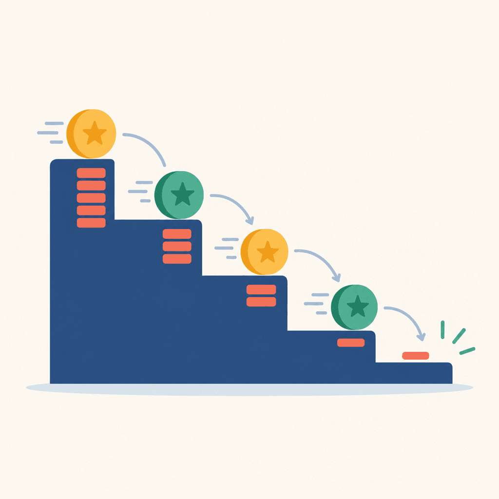 Rolling spending milestones reducing a top-up fee staircase