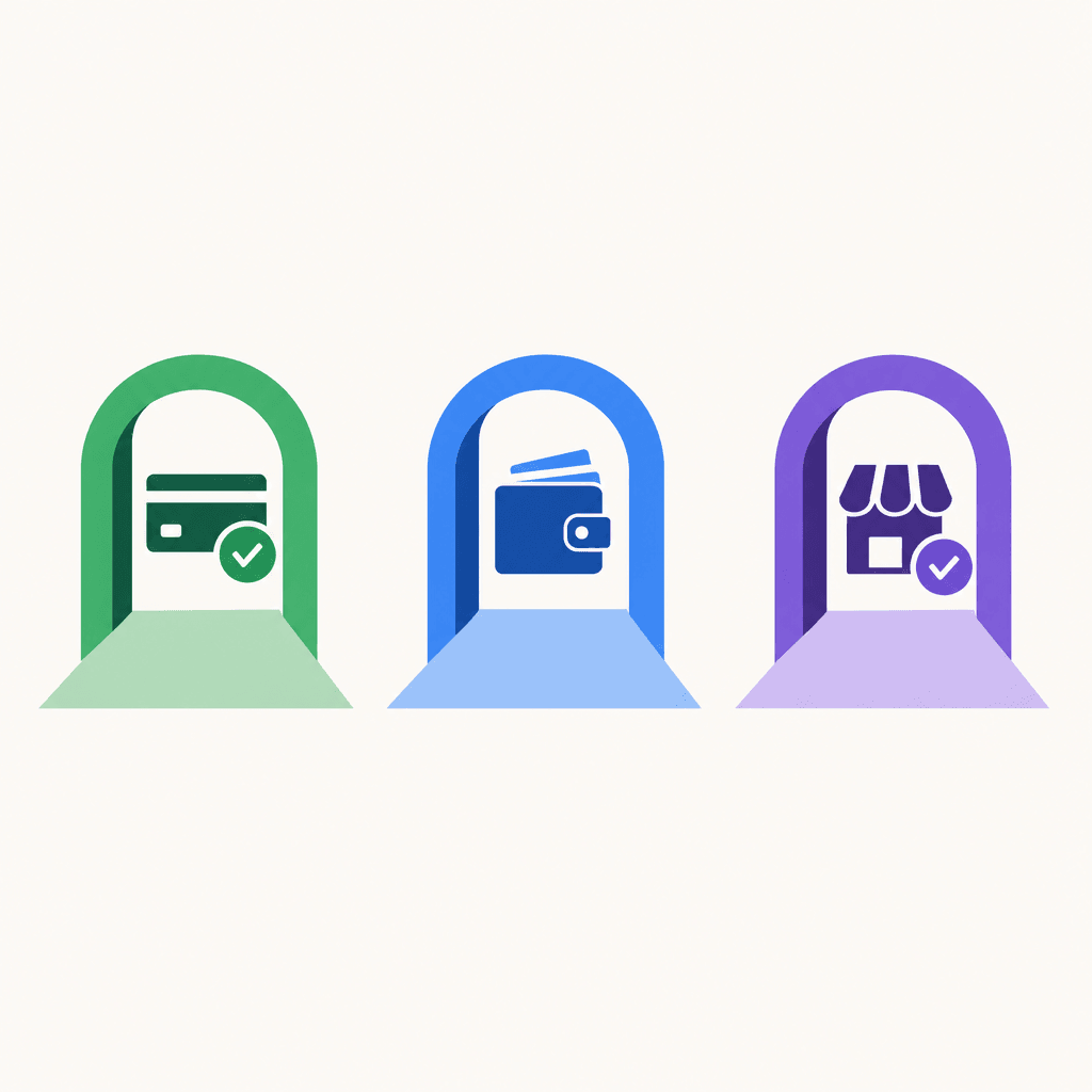 Three separate gates representing card eligibility, wallet provisioning, and merchant acceptance