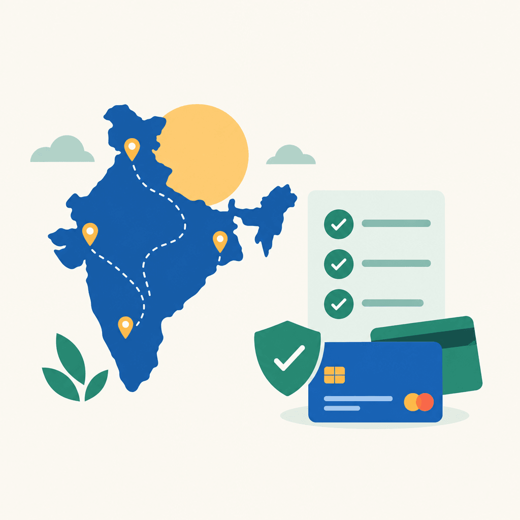 India travel map paired with a payment verification checklist and backup card