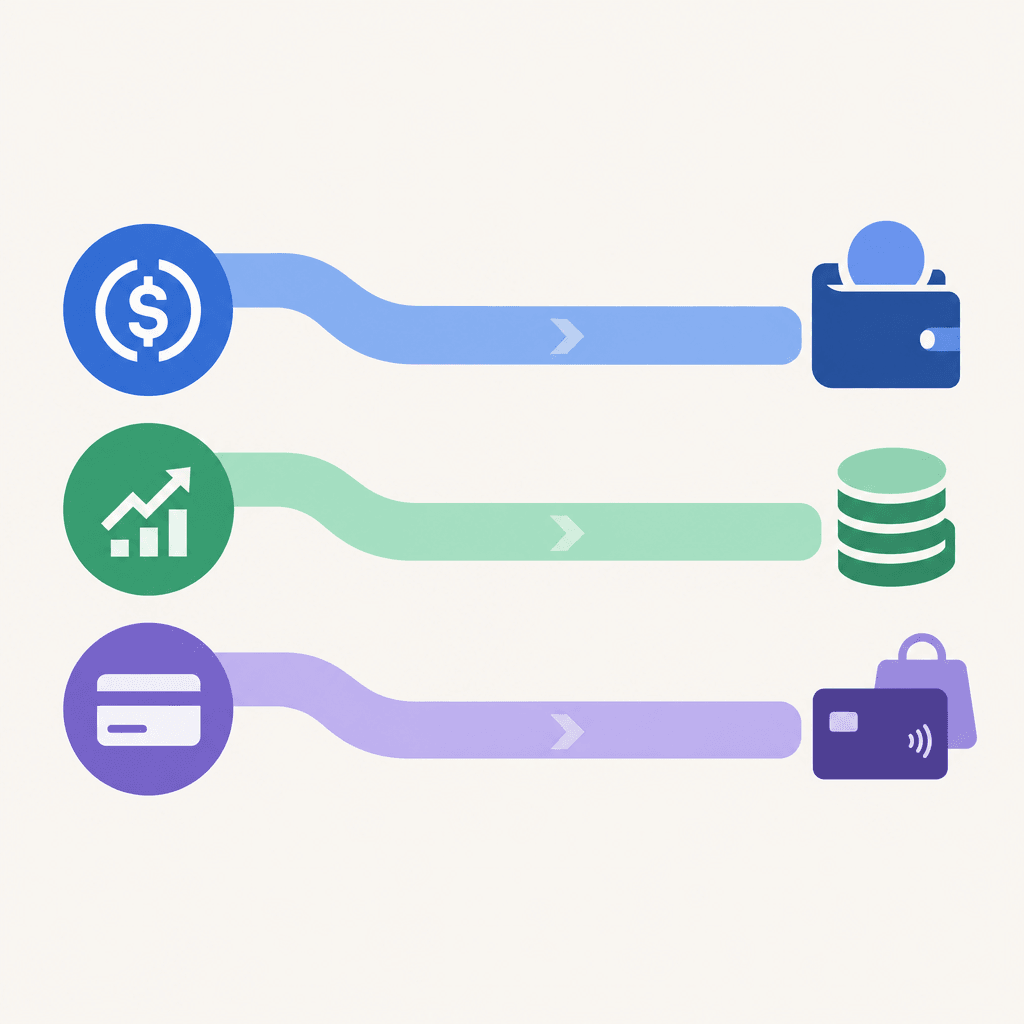 Separate lanes for stablecoin funding, eligible earnings, and card spending