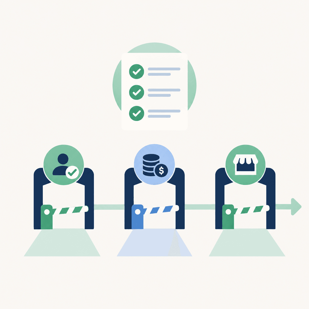 Pre-funding checklist with eligibility, costs, and merchant acceptance gates