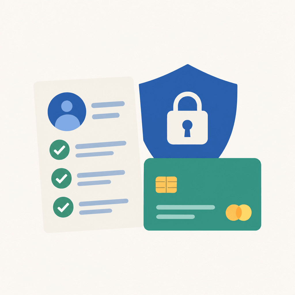 Identity prompt checklist beside a privacy shield and prepaid card