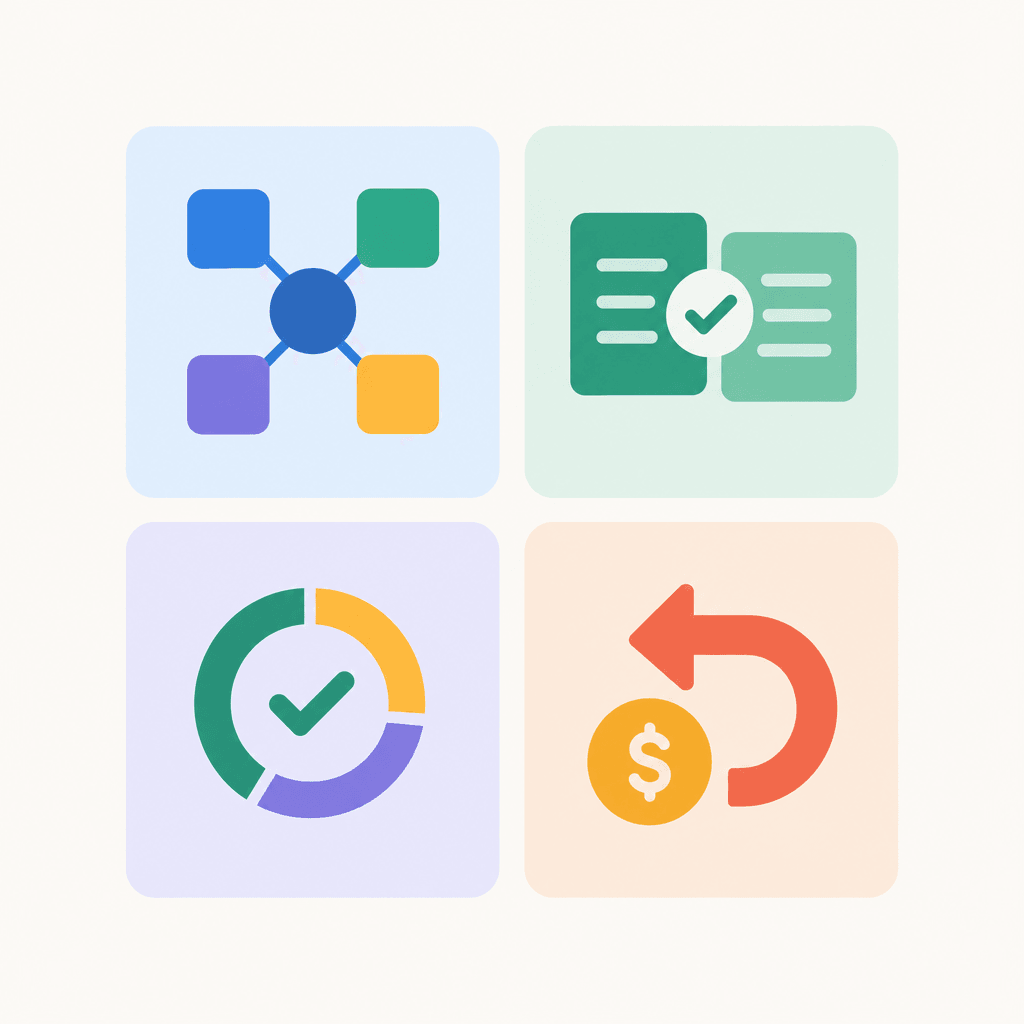 Four-part merchant decision grid for integration, reconciliation, status, and refunds