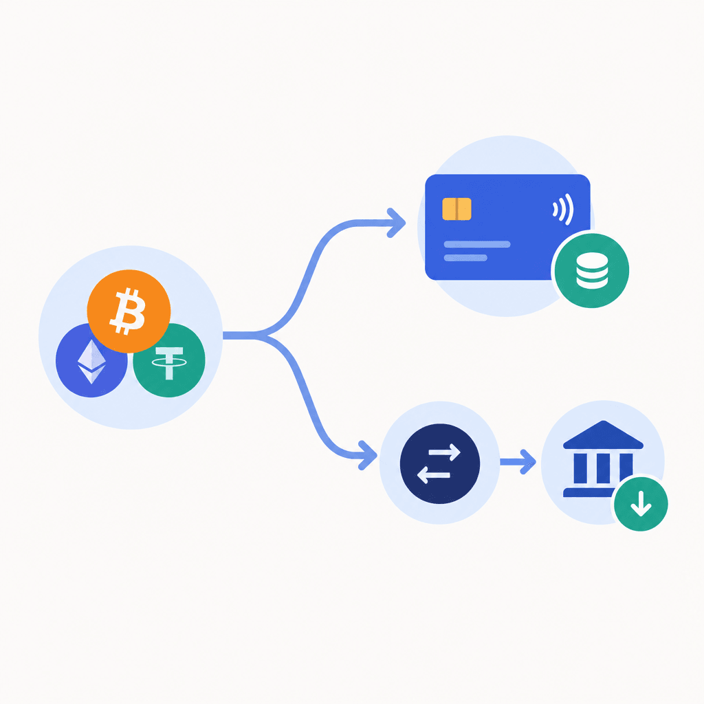 Split-path diagram from crypto holdings to prepaid card balance or exchange sale and bank withdrawal