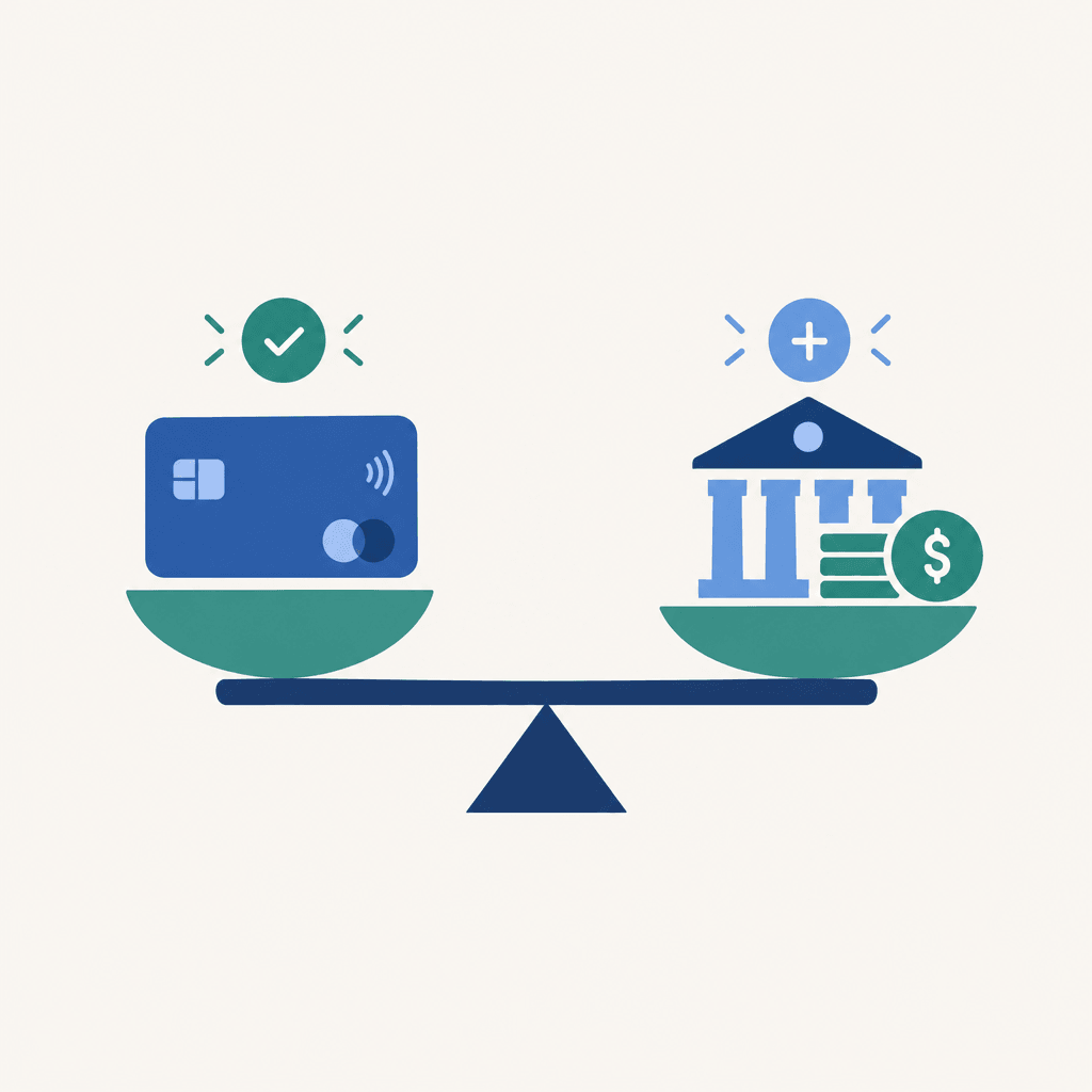 Decision balance contrasting purchase-ready card funds with money needed in a bank account