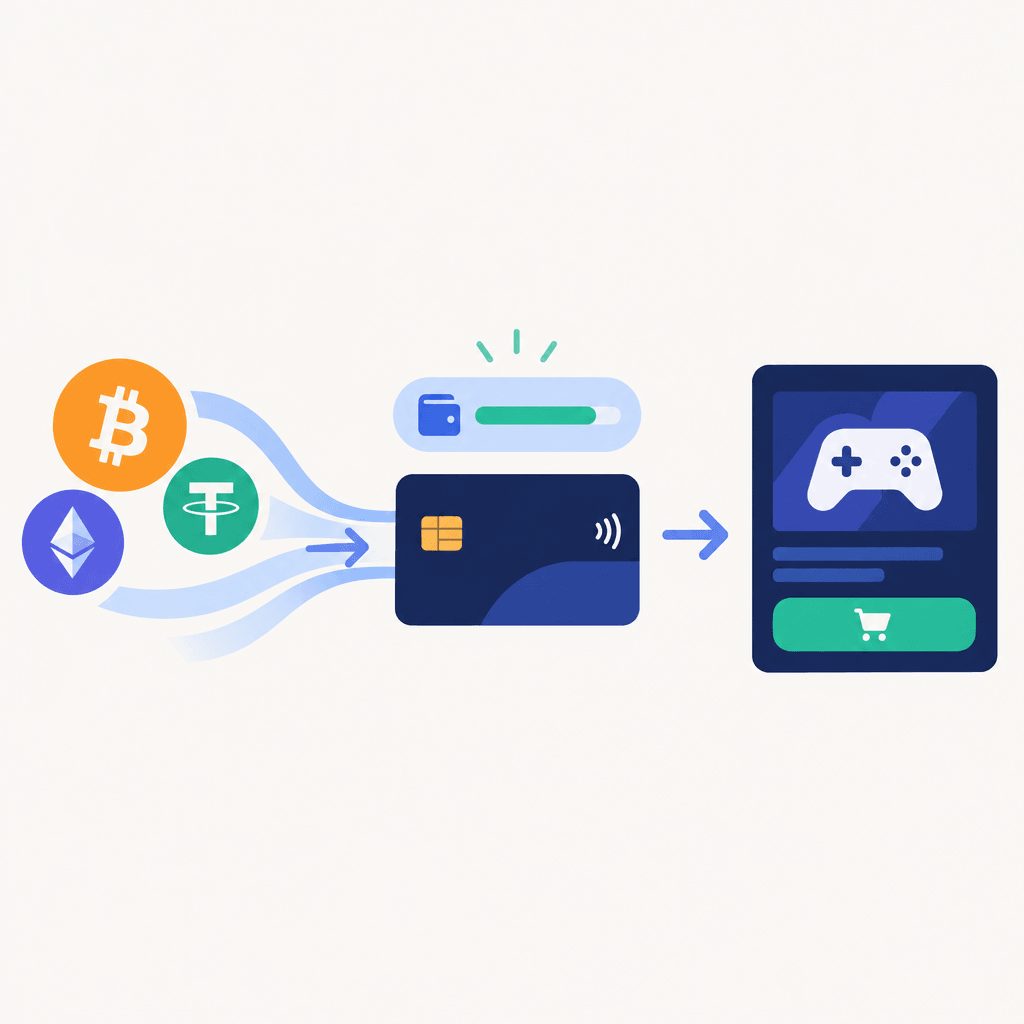 Crypto funding flowing into prepaid card balance and game checkout