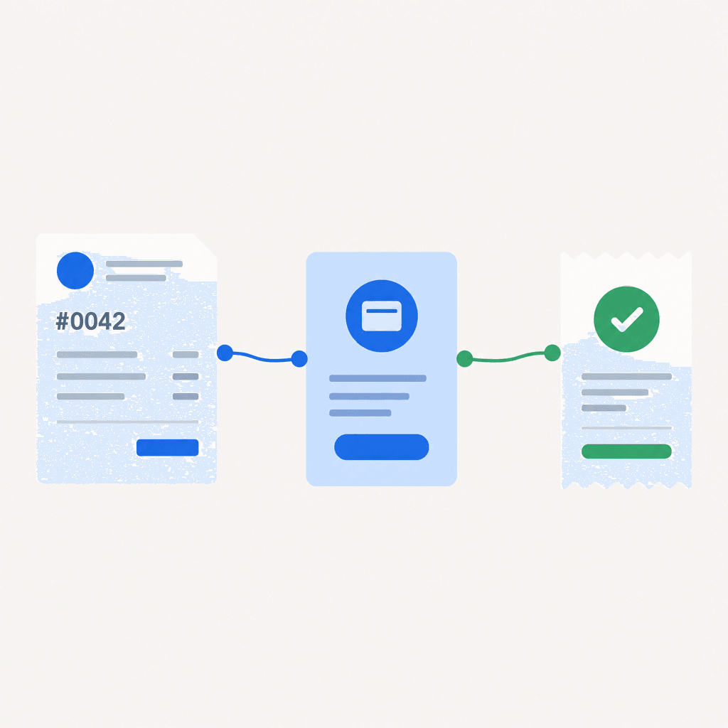 Numbered freelancer invoice connected to a separate payment request and receipt