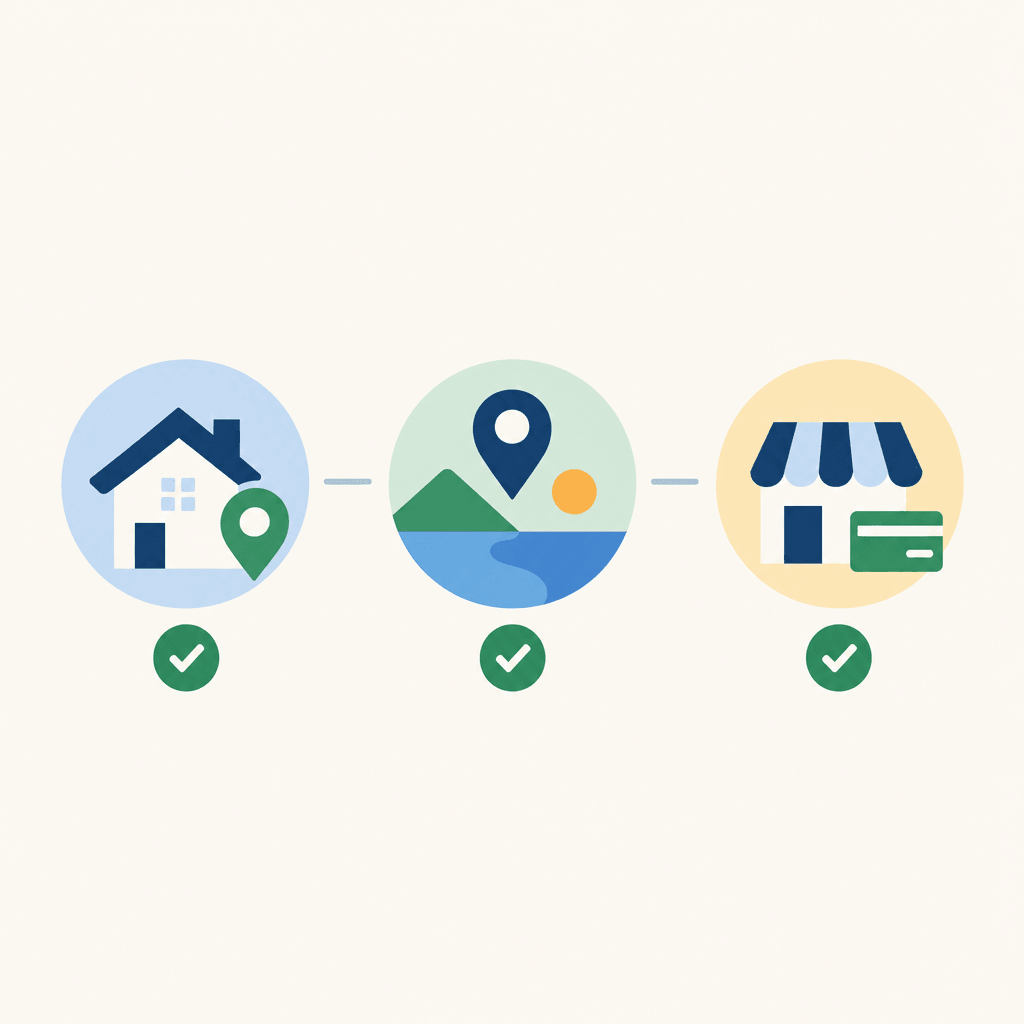 Three distinct checkpoints: residence eligibility, destination availability, merchant acceptance