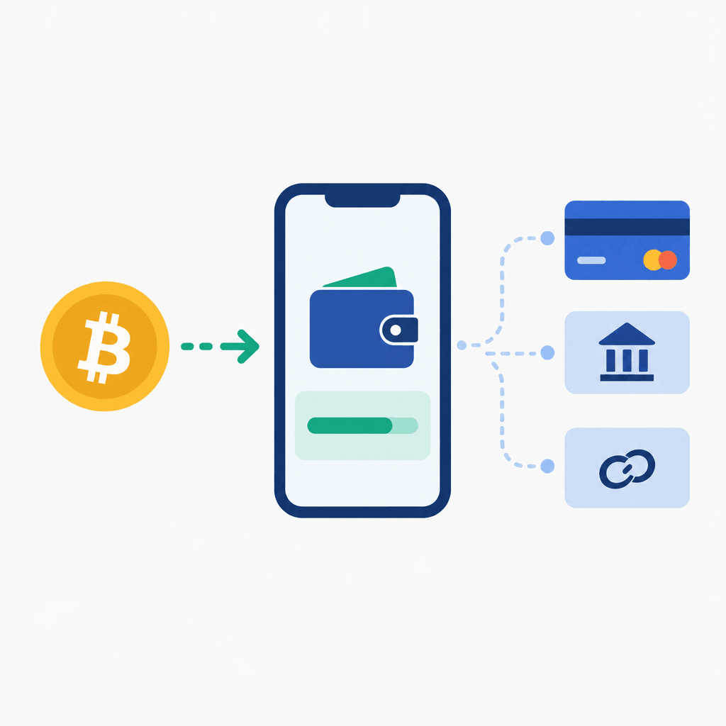 Crypto loading into prepaid balance with mobile wallet and backup payment icons