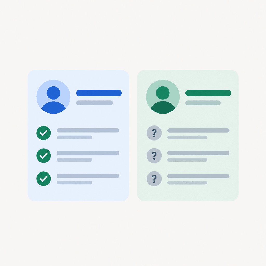 Two card profiles with verified facts and open questions