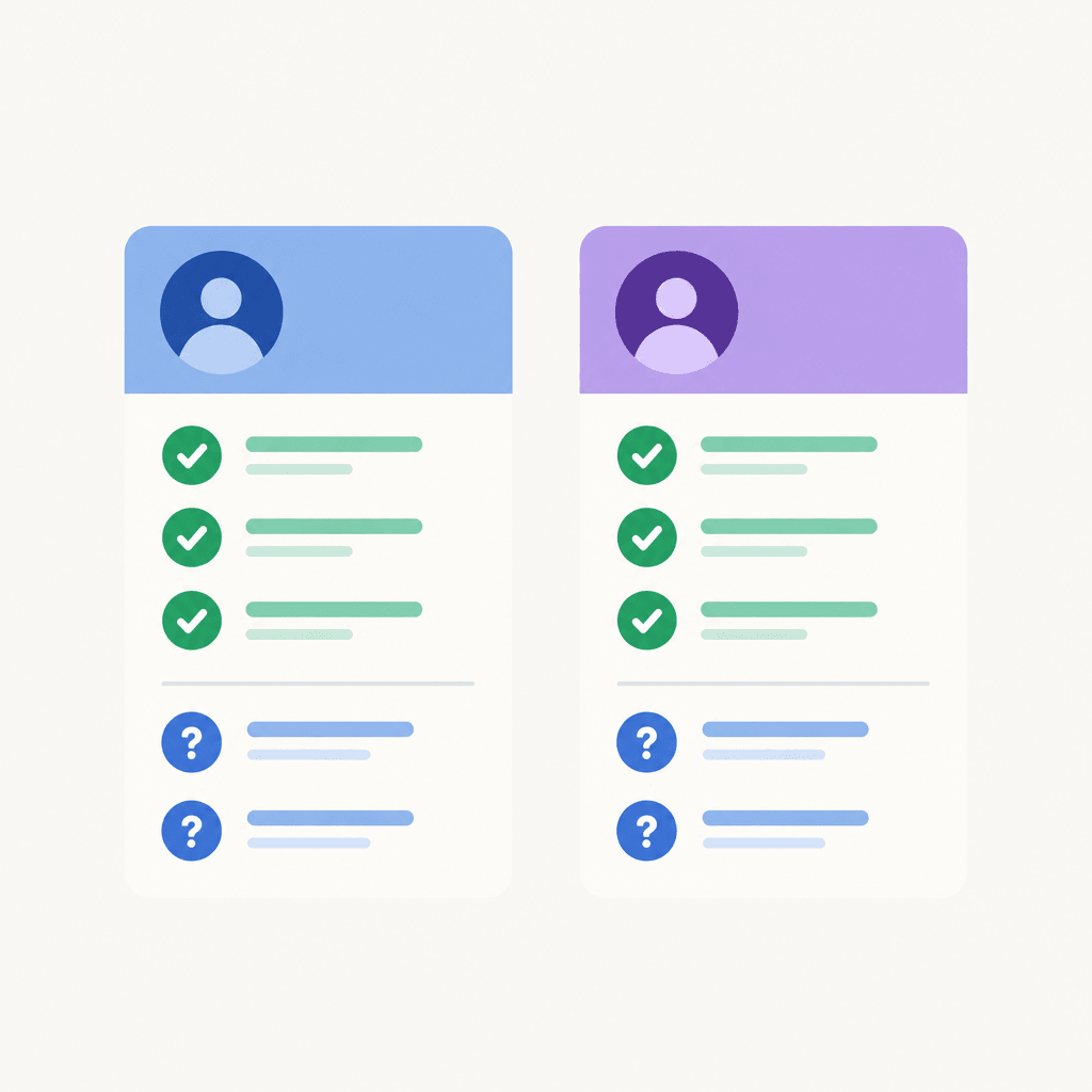 Two card profiles with verified facts and open questions