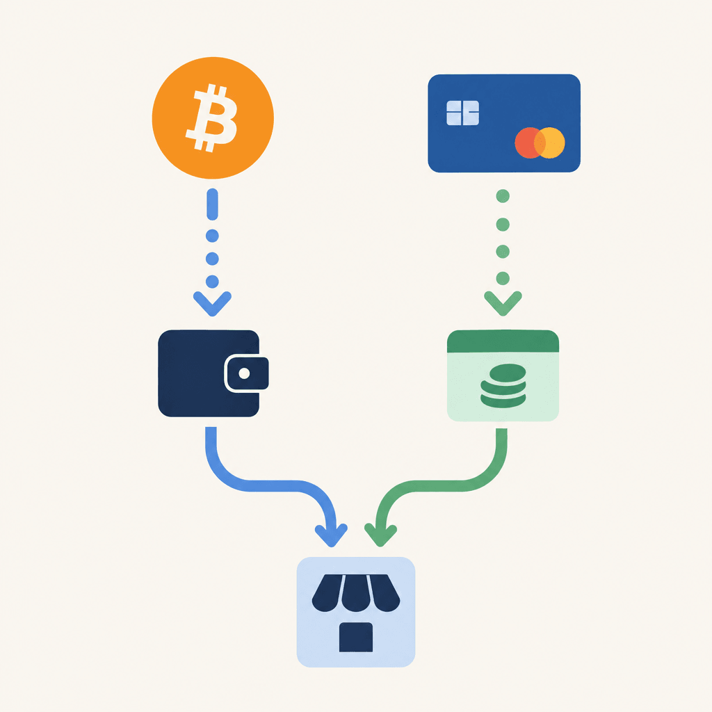 Two payment paths: direct crypto transfer versus preloaded card balance