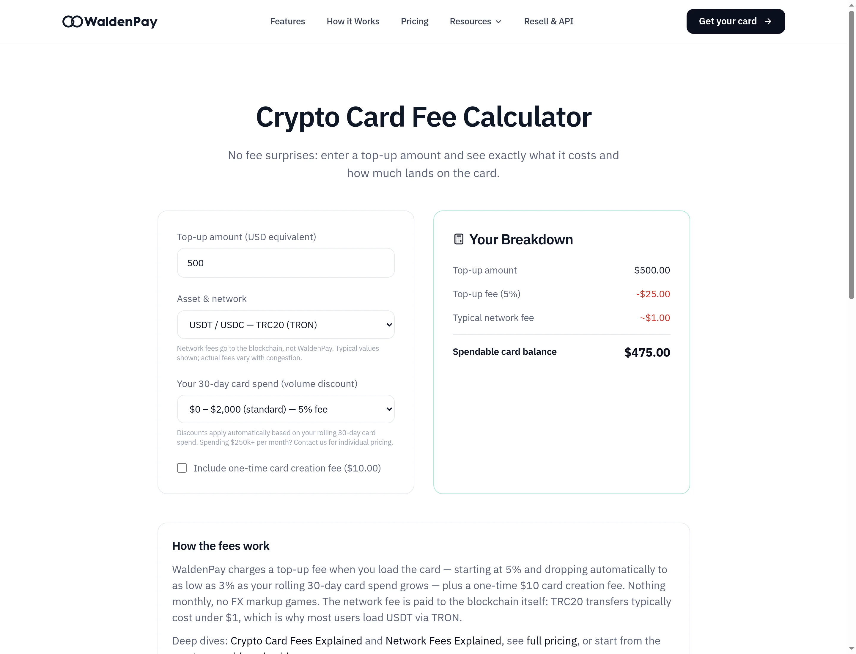 Screenshot of the Crypto Card Fee Calculator page