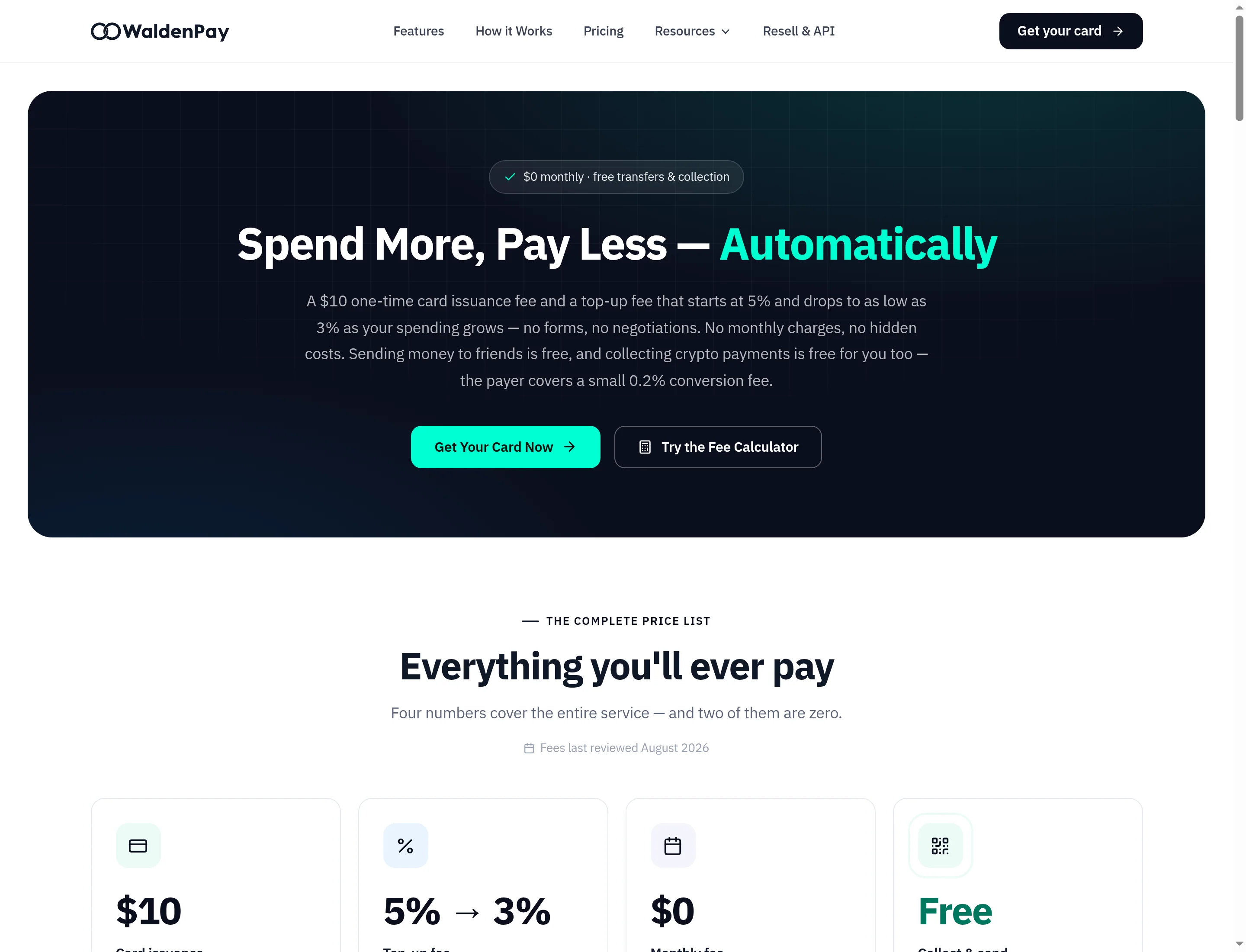 Screenshot of the Crypto Card Pricing page