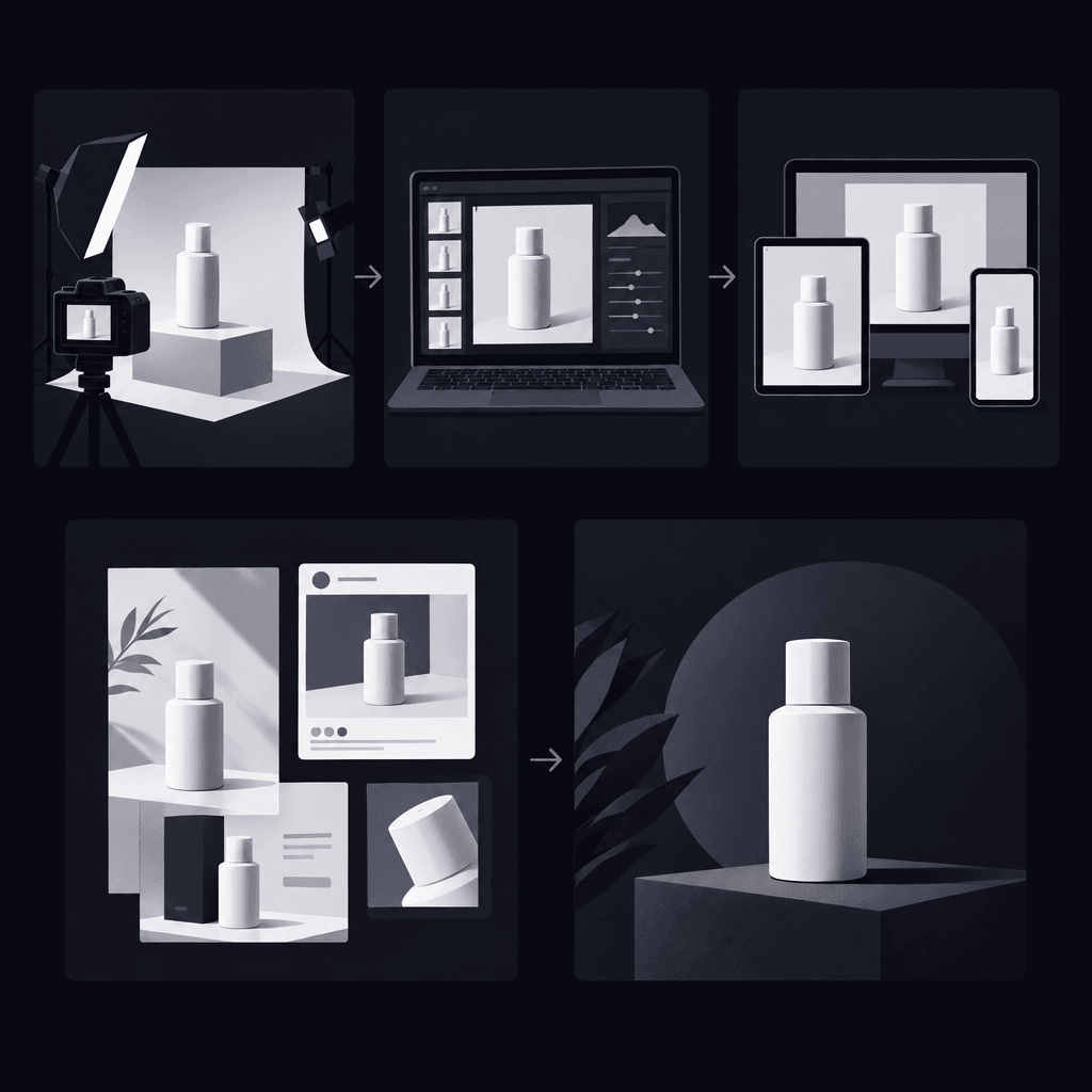 Product photos and screenshots becoming a five-scene storyboard