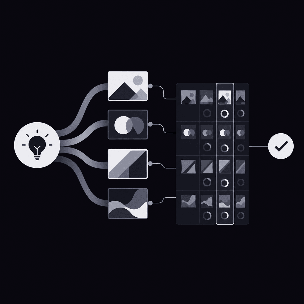 Creative variations flowing through a controlled testing matrix