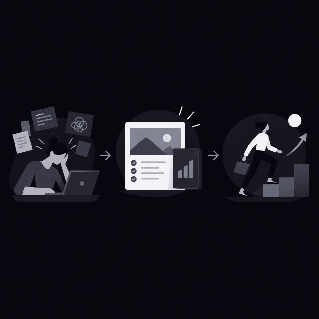 Compact storyboard flowing from work friction to product proof to action