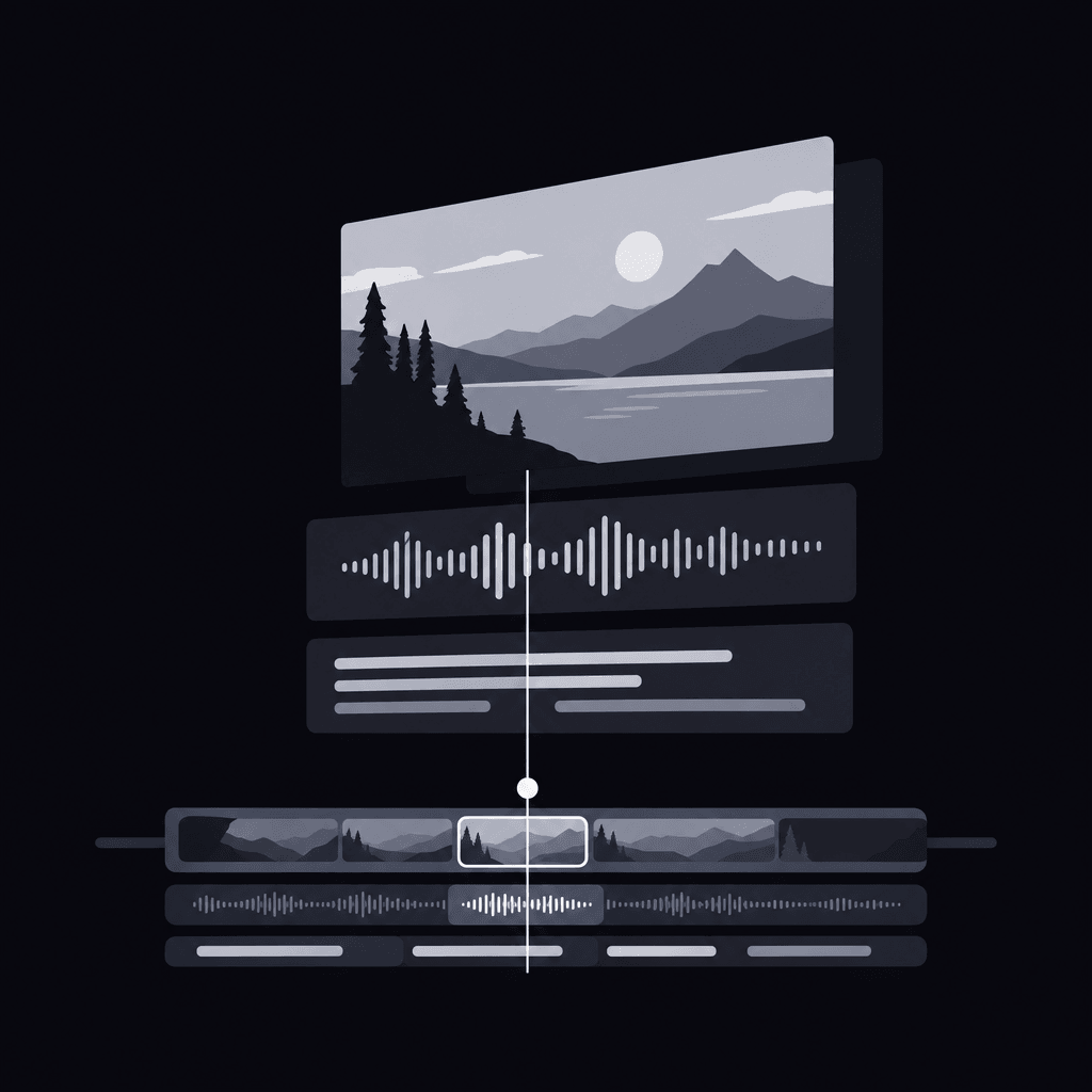 Layered timeline aligning visuals, spoken copy, and on-screen text