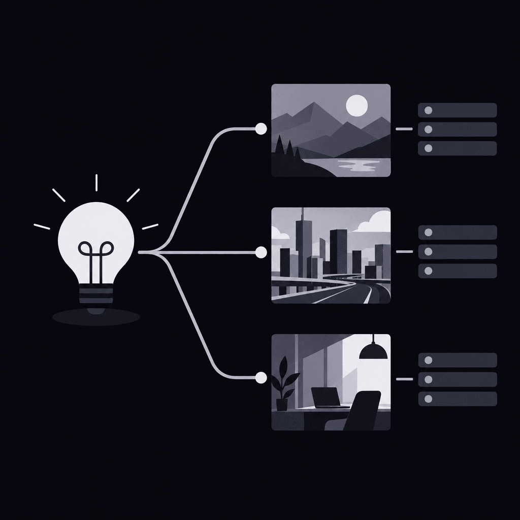 A business idea branching into structured scene instructions