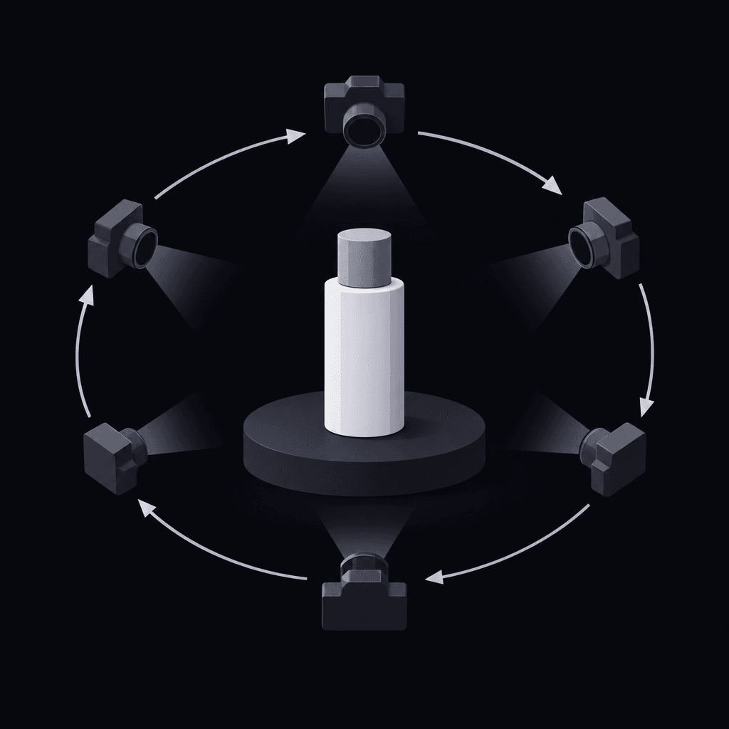 Camera-path arrows around a stationary product