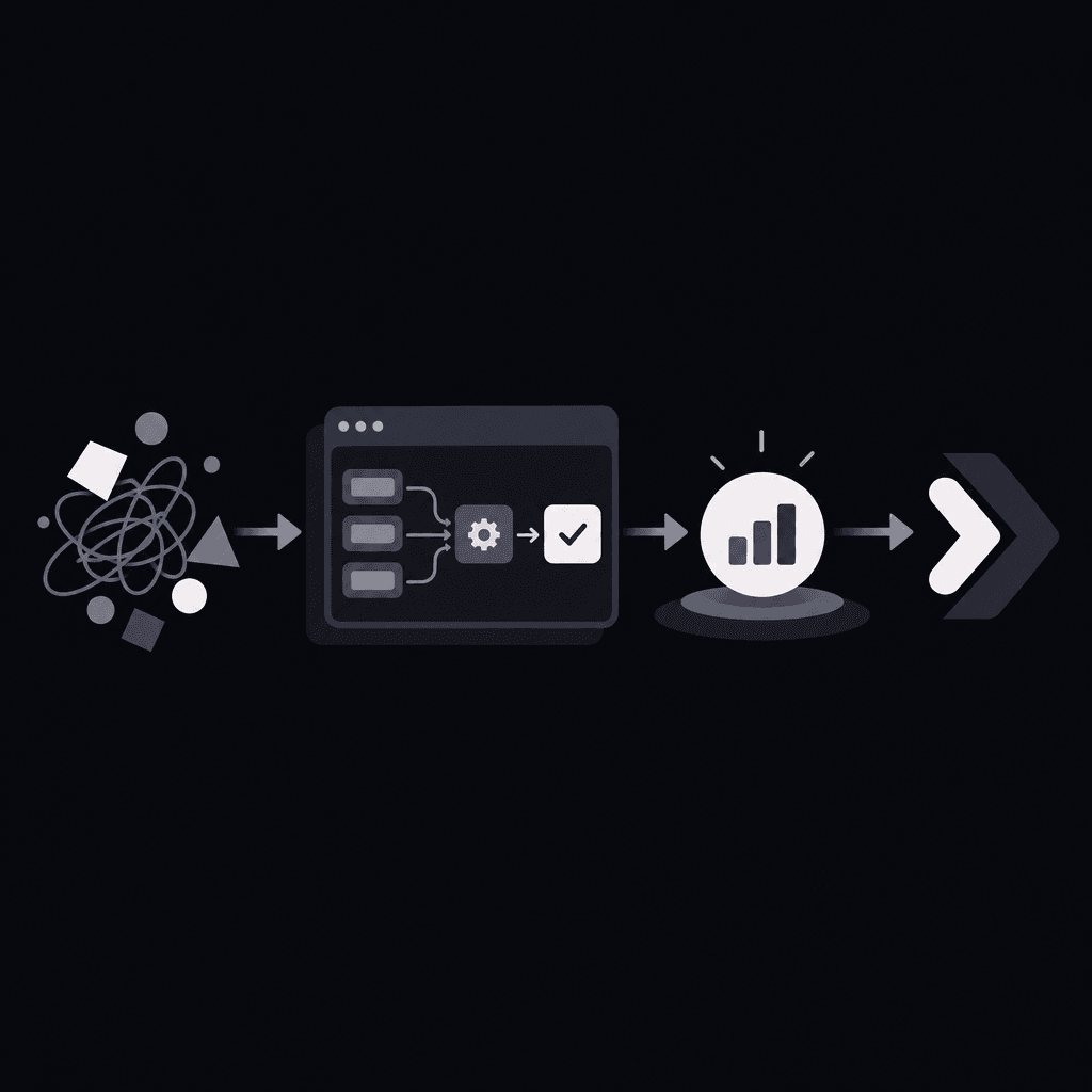 Business problem flowing through a software workflow to an outcome and next step