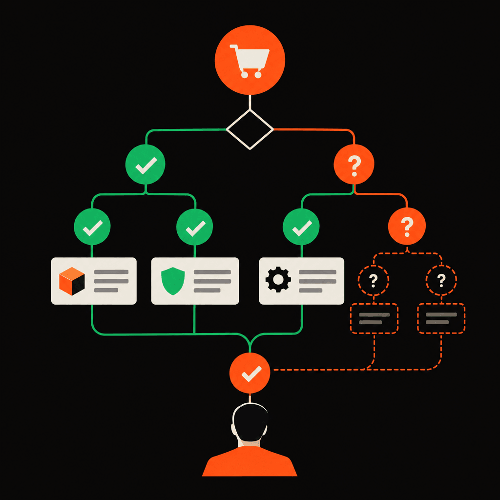 Buyer decision tree with verified terms and unanswered questions