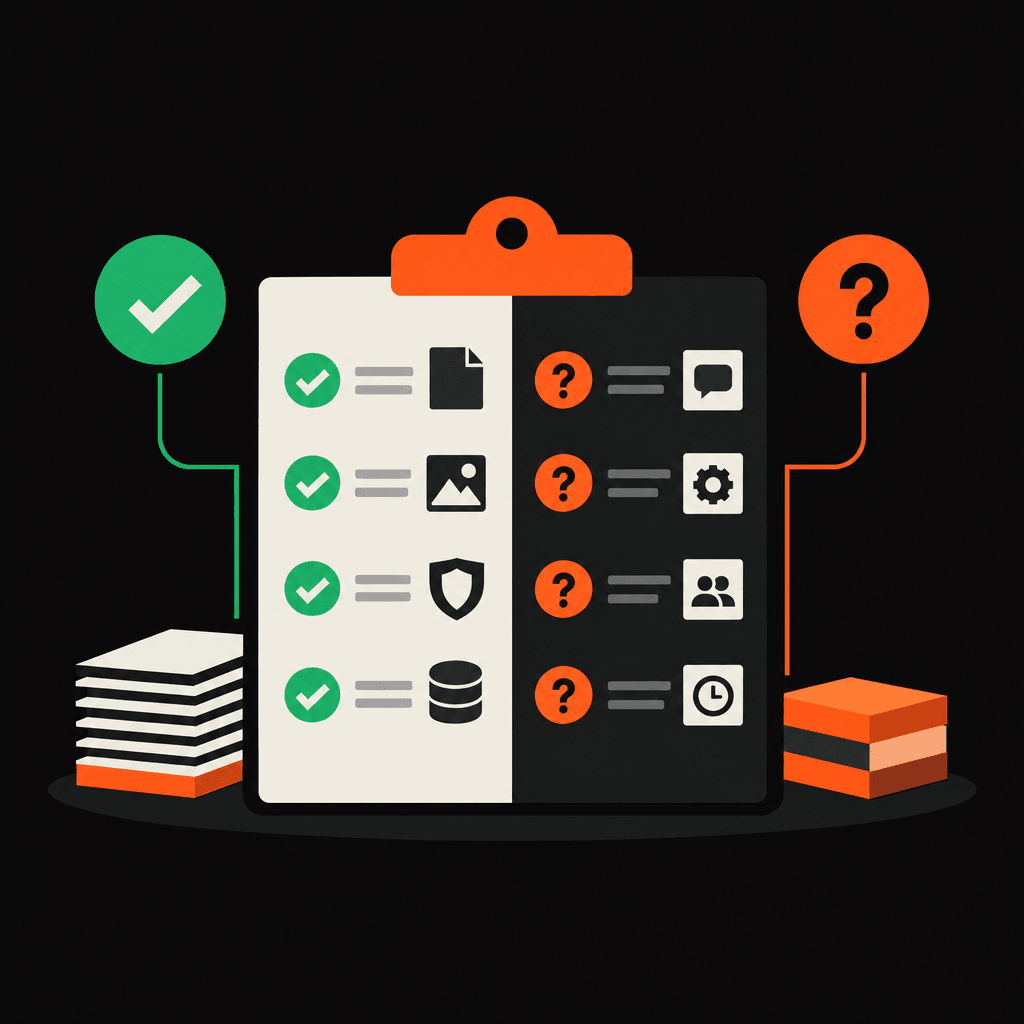 Purchase-readiness checklist with evidence and unresolved-question columns